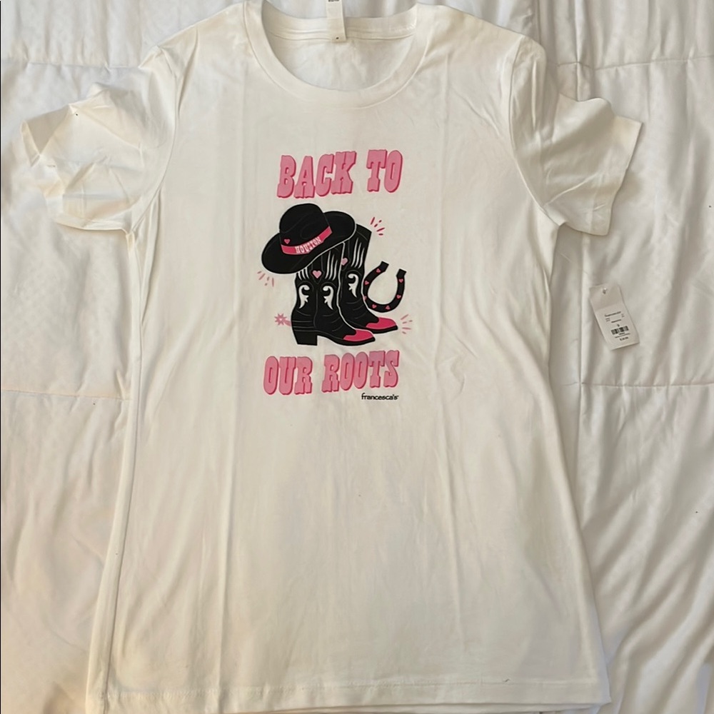 White Shirt with Pink and Black Graphic
